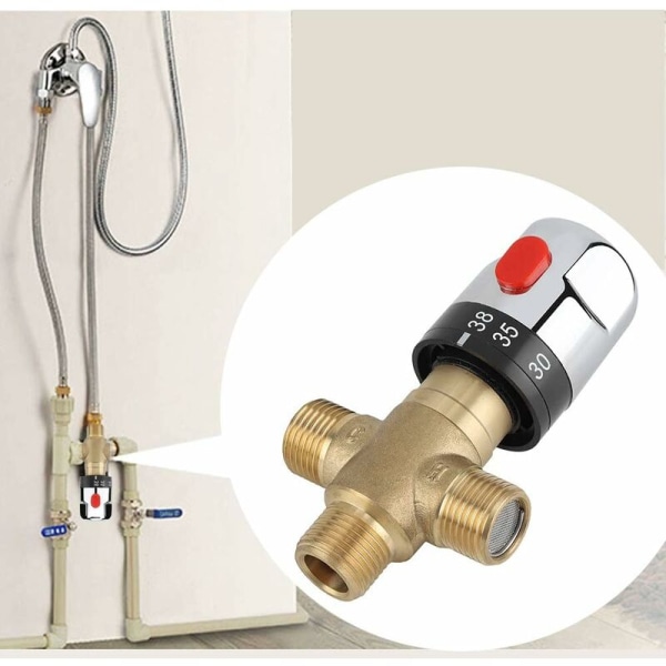 Termostatisk blandare för varmt och kallt vatten i massivt mässing, fast temperatur, för kök, badrum, handfat, toalett, G1/2, 35-45°C, 15 mm