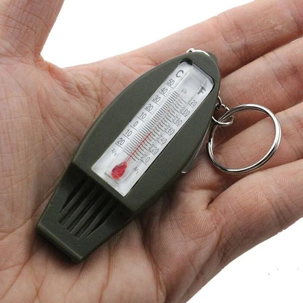 4-i-1 Nyckelring för utomhusöverlevnad med visselpipa, kompass, zoomtermometer, nyckelring för kvinnor och män, DIY-tillbehör, grön