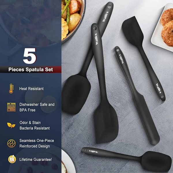 5-delars köksredskap i silikon, köksredskap i silikon, non-stick silikonspatel, köksredskap, svart