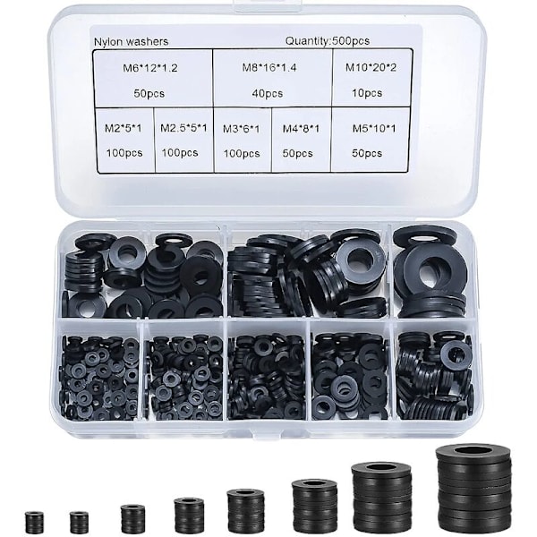500 stk. sorte nylon flade skiver, runde isolerings flade skiver pakning afstandsholder pakning VVS sortimentssæt - M2/M2.5/M3/M4/M5/M6/M8/M10