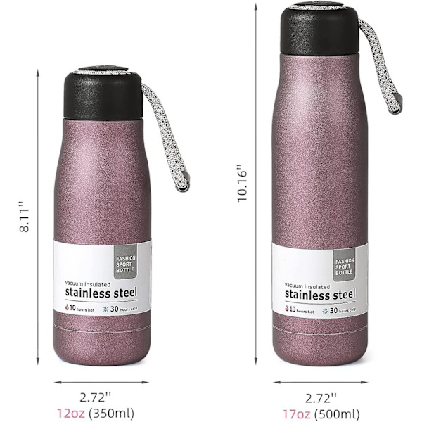 Rosa Vannflaske 12 Oz, Nicemer Isolerende Vannflaske Med Stropplokk, Trelags Vakuum, Rustfritt Stål Gjenbrukbar