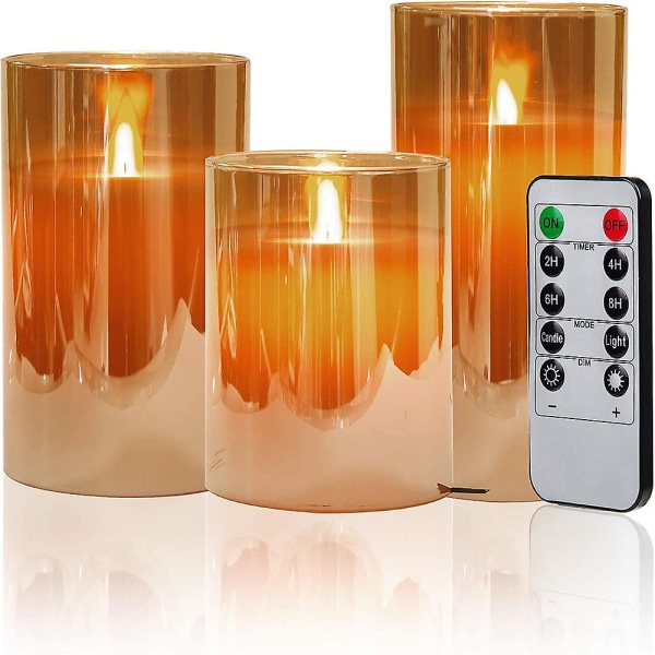Cprosp 3er LED-ljus i glas med fjärrkontroll/timerfunktion/flimrande låga i guldglas, 7,5*10/12,5/15cm, batteridrift (3 batterier N