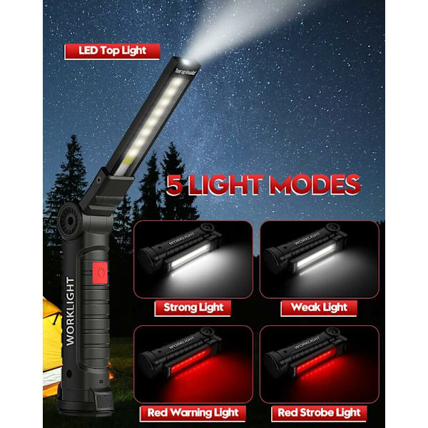 Genopladelig LED-arbejdslampe med magnetisk base, 360° rotation 5 tilstande Fars dag værktøjer til mænd julefødselsdagsgavepakke med 2