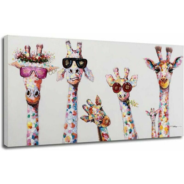 Graffiti Art Canvas Målning Nyfikna Giraffer Familj Tryck Dekorativ Tryck för Barnrum (Oinramad, 50 x 100 cm)