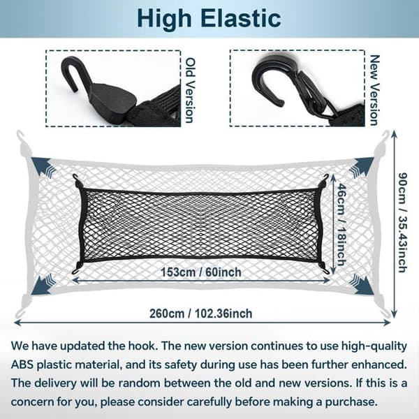 1 förvaringsnät, 8 ABS-krokar, 2550d polyester, elastiskt 46x153 cm, för skåpbil, SUV, husbil.