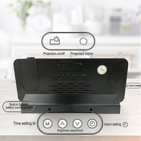Spegelprojektionsklocka Led storbildsskärm Silent Snooze Kreativ elektronisk projektionsväckarklocka svart
