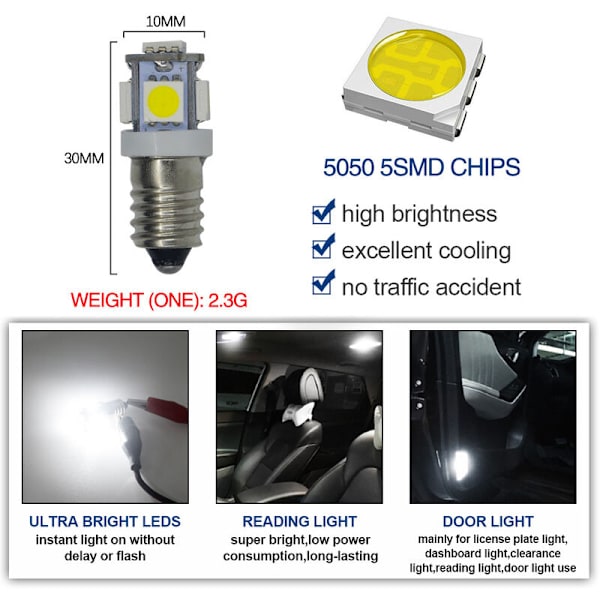 10 kpl E10 12V Viileän Valkoinen LED-Lamput 5SMD 0,5W 50LM Lamppu (Kylmä Valkoinen)