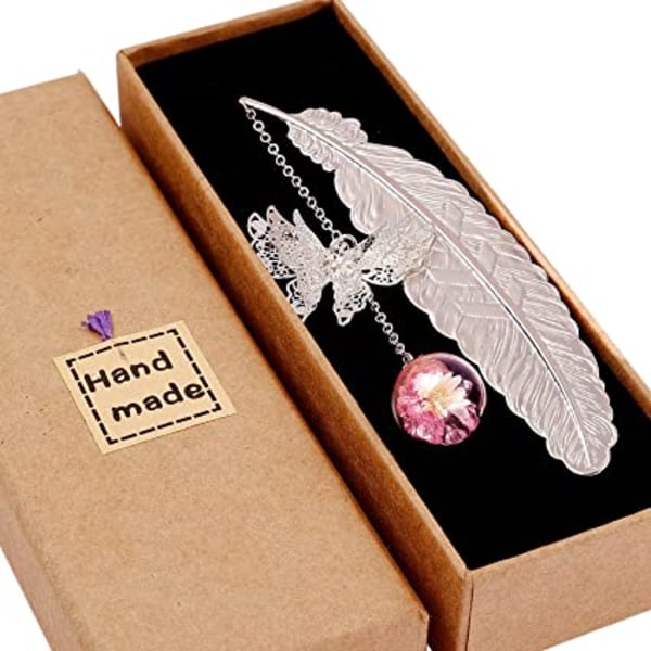 Silver Feather Bokmärke Rosa Hänge, Present till Läsare Silverfjäder Rosa