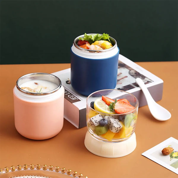 Praktisk 700 ml frukostmugg, To Go Mug Lunchpot läckagesäker yoghurtmugg att ta med med kylväska och sked för skola, kontor, utomhus (rosa)
