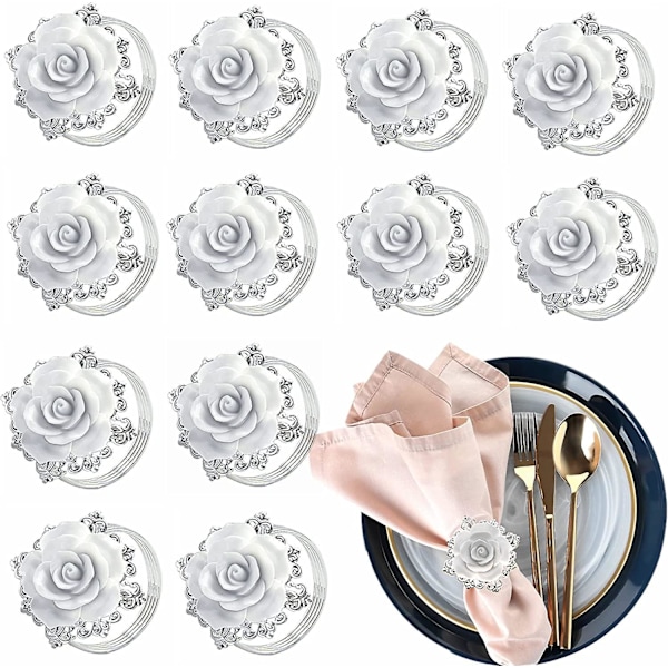 Blommiga servettringar 10-pack, silvervit ros servett spänne elegant blommig bordsdekoration