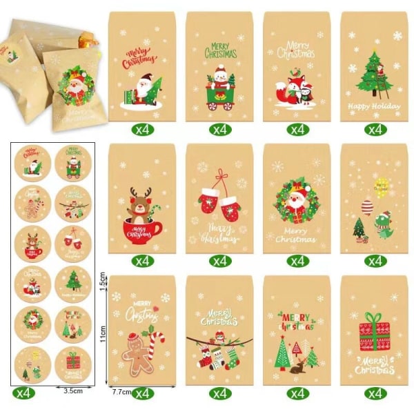 48 paperikassia + 48 voimapaperitarraa joulukaramellipusseja lahjapakkaustarvikkeet Joulupukki Lumiukko Fox