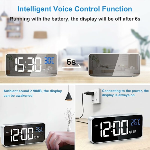 Digital väckarklocka, LED digital väckarklocka med temperatur/snooze/2 larm/12/24 timmar/USB-laddningsport/16 musik (Silver)