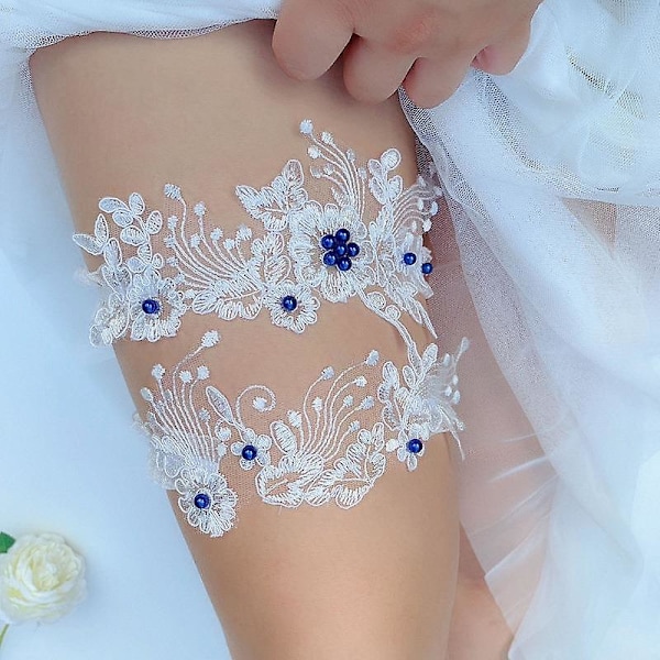 Halkfritt spets strumpeband för brud bröllopsbälte Nyaste design lårben 2st med minnessak och tosslace set Bröllop strumpebandsbälte Blomma blommor De