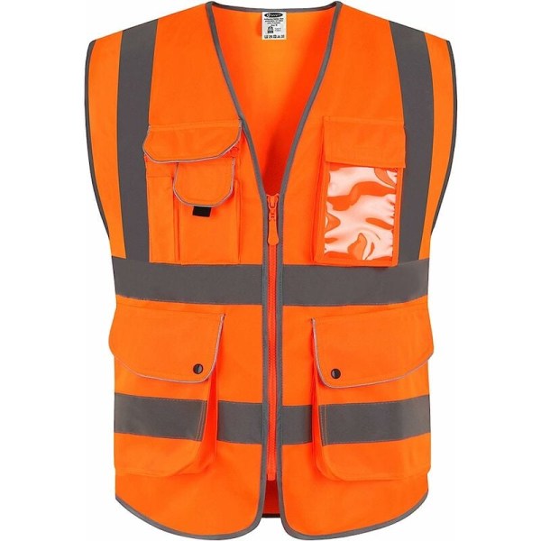 9 fickor Klass 2 High Visibility-väst med reflekterande remsor framtill, Orange Uppfyller EN ISO 20471-standarder - Unisex (X-Large)