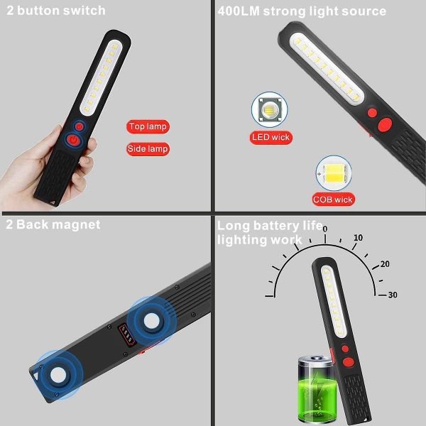 Genopladeligt led arbejdslys, dobbeltfarvet kombilys 2 i 1 inspektionslys og 3w Cob led lommelygte med dobbelt magnetisk til autogarageværkstedslejr