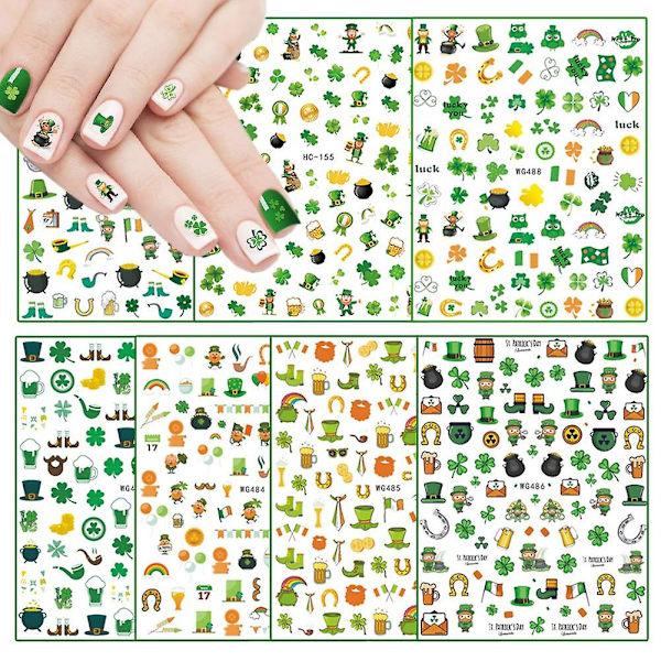 Självhäftande nagelkonstdekaler för St. Patrick's Day - Shamrocks, klöver, leprechauns, drakar, lycka till irländare