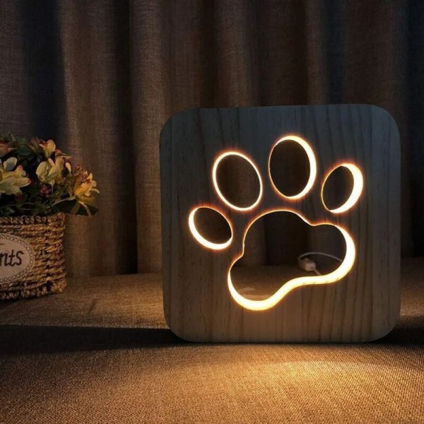 LED Natlys Dyre Natlys Udskåret Træ USB Lampe Kreativt Pote Print Træ Bordlampe Natlys 3D Lampe Hundepote Kat Natlys