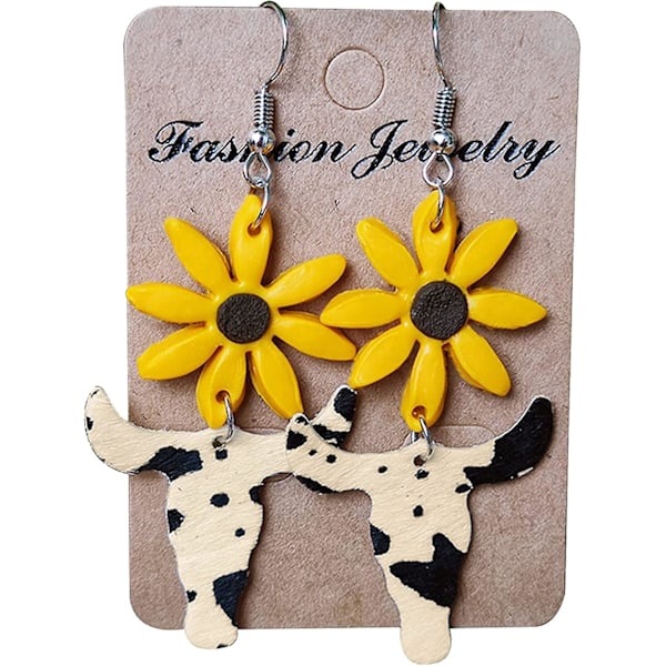 Våren Sommer Gul Solsikke Leopard Ku Polymer Leire Ku Skinn Dropp Dangle Ørepynt For Kvinner Jenter Søte Blomster Strand Vestlig Statement Chee
