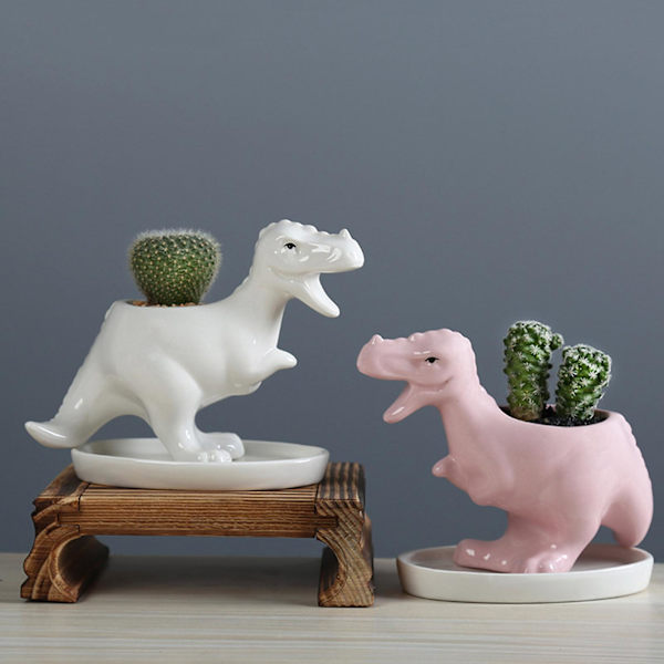 Söta dinosaurie-succulent planterkruka med dräneringsbricka i keramik, behållare för kaktusblommor, djur-bonsaihållare