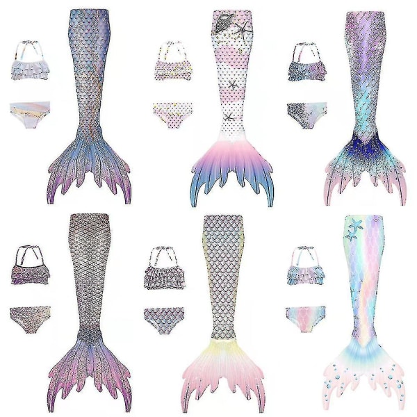 3st Mermaid Tails Barn Baddräkt Kostymer Med Monofins Bikinisim Lilla sjöjungfrusvans För Barn