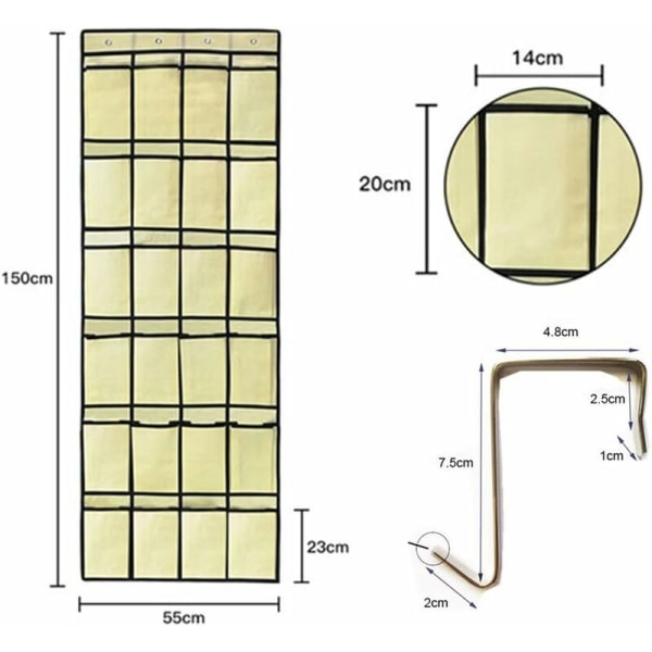Hängande skoställ 24 dörrfickor Skoförvaringsutrymmessparande skoställ med 4 krokar Beige