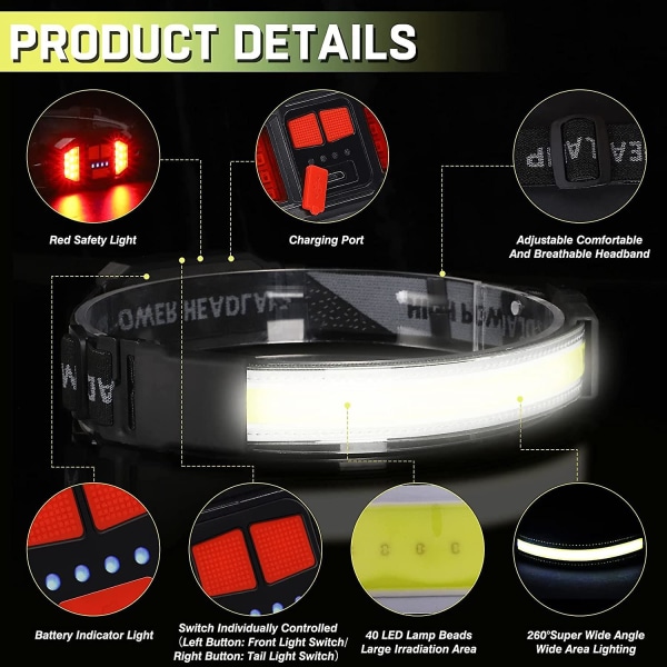 Led-strålkastare, superljus USB uppladdningsbar led-strålkastare, Ipx6 vattentät och individuellt omkopplingsbar röd baklykta, 6 justerbara lägen för Campin