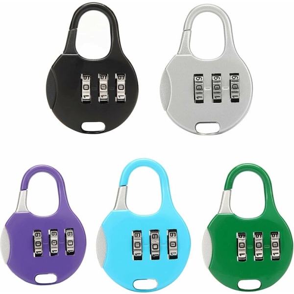 Sæt med 5 kombinerede rejsehængelåse, farverig kombinationslås, mini 3-cifret nulstillelig kombinationshængelås, til kufferter eller rygsække (5 farver)