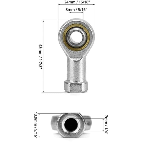 2 stk. 8mm Endekugleleje M8 x 1,25, Hun-Gevindet Selvsmørende