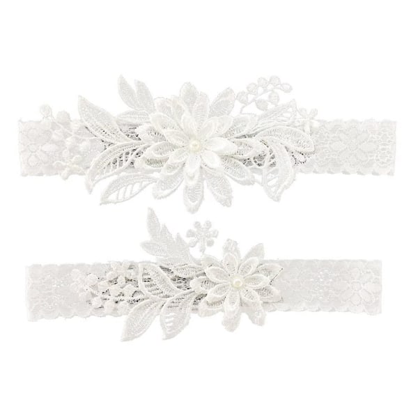 Bröllopsstrumpor för brud Daisy Lace Bridal Garter Hand Sewn Faux Pearls Garter Set 2 stycken, Vit, One Size