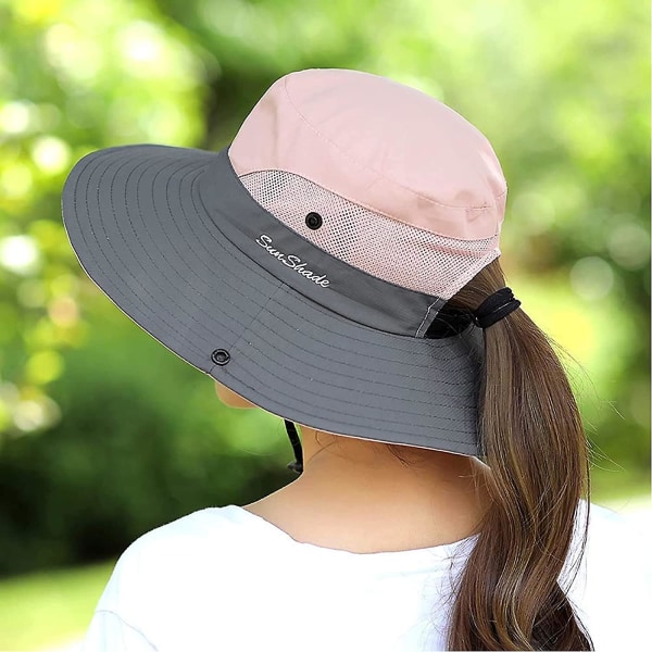 Hästsvans, bredbrättad anti-UV-hatt, vikbar fiskehatt för kvinnor (rosa + blå)