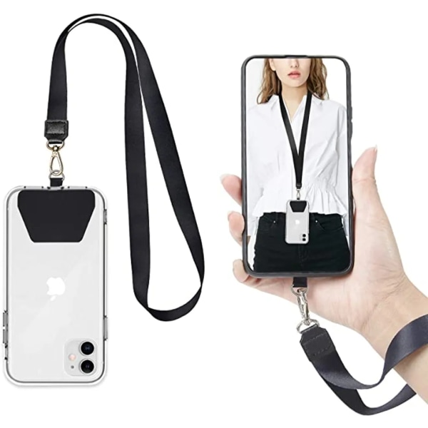 2 stycken mobiltelefonkedja, snodd, universal nackrem, utdragbar karbinhake för alla mobiltelefoner (1 halsrem + 1 handledsrem, svart)