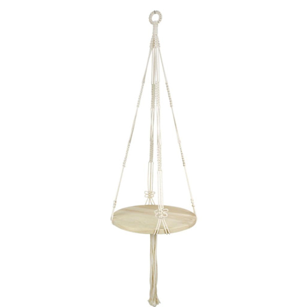 Nordisk Macrame-växtupphängning med rund träbricka, vävda tofsar, inomhusupphängd planteringshylla, blomkrukahållare