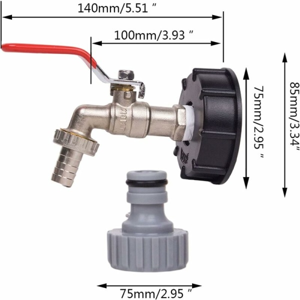 1000L Tankkran Regnvattenskran, 1/2\" IBC Vattentankadapter Dubbel Regnvattenskran Mässingskran Tillverkad av PP 60mm Grov Gänga (1 Styck)