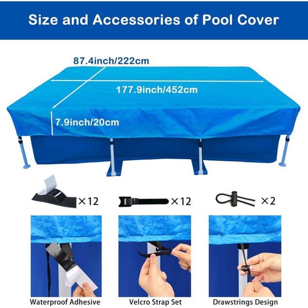 1 Poolovertræk 452x222 cm, vandtæt PE, UV-bestandigt, med snore og fastgørelseselementer, til rektangulær pool 450x220 cm.