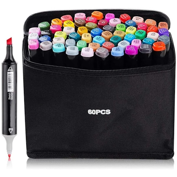 Highlighter Twin Tip Sketch Marker Pens Set med bärväska Graffitipennor - 60 färger