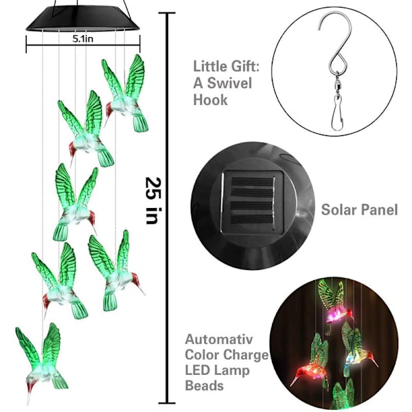 LED-aurinkokellopeli ulkona, väriä vaihtavat kolibrin tuulikellot puutarhan koristelahjoihin kotijuhliin
