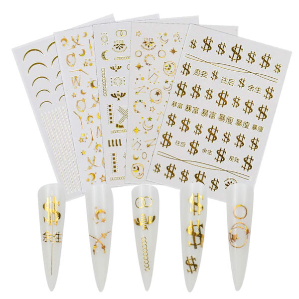 5 Ark Luxury Nagelkonst Dekaler Nageldekaler Designer Guld Anpassade Pengakedja Måne Stjärnor Bin Nageldekaler För Falska Bad Girl Pop Fingernageldesign