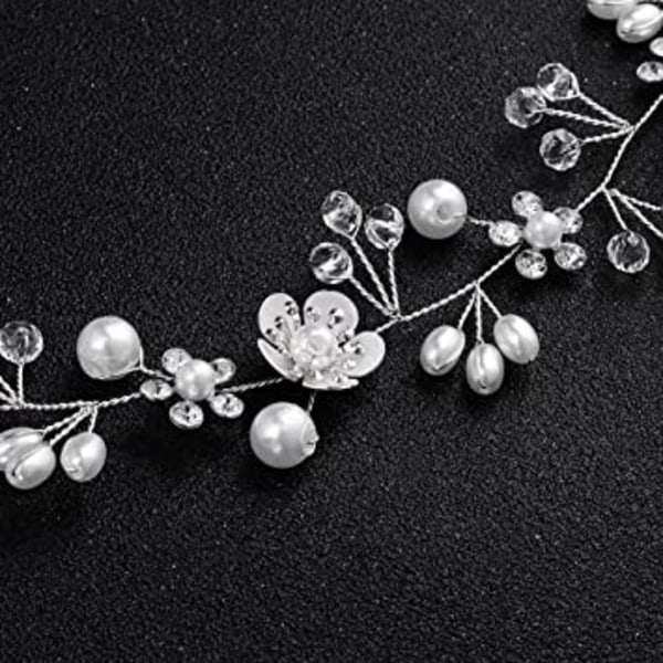 Brudsmycken med kristallpärlor, tiara och löv, midsommar silverfärgad