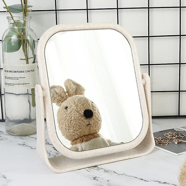 Dubbelsidig Sminkspegel för Skrivbord, Rotationsbar Student Sminkspegel, Bärbar Klädspegel, Prinsesspegel - Kvadratisk Beige