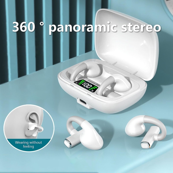 Explosiva clip-ear Bluetooth -hörlurar Trådlös benledning Ingen in-ear smärtfri bärbar digital display Vattentät hörlurar Vita