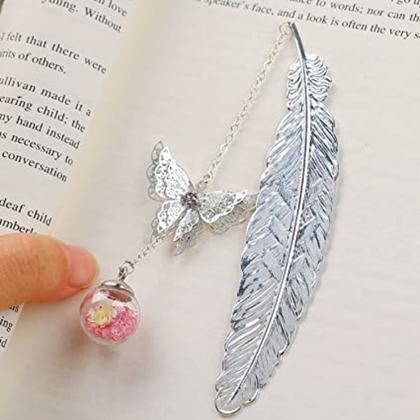 Silver Feather Bokmärke Rosa Hänge, Present till Läsare Silverfjäder Rosa