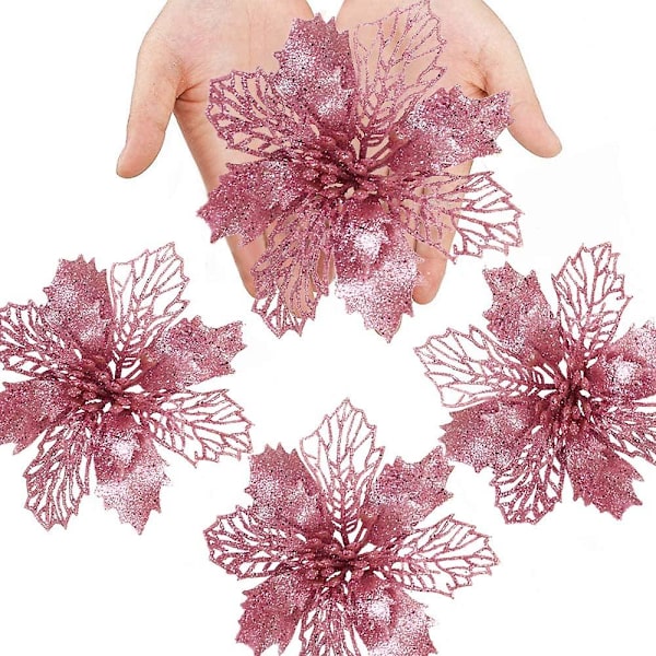24 st julblommor dekoration, julgransprydnader glitter julstjärna, konstgjorda blommor julstyle6Pink