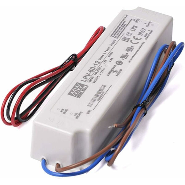 Strömförsörjning 12V 60W 5A Hög kvalitet Vattentät Ip67 lämplig för utomhus MeanWell modell LPV-60-12 Transformator för 12V LED-remsa