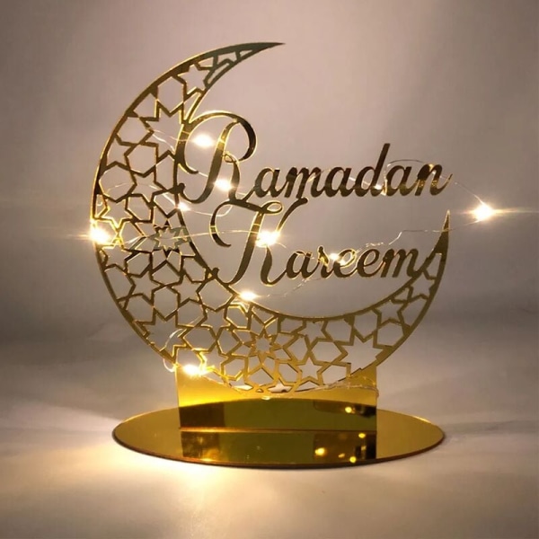 EID Mubarak replika, guld akryl bordsdekoration Ramadan med LED-ljus, muslimsk dekoration, Ramadan dekoration