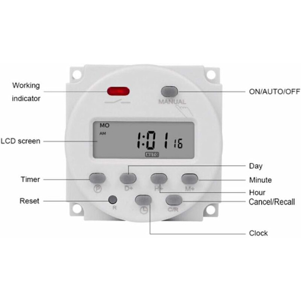 Programmerbar Mini Timer 1 Sekund til 168 Timer Elektronisk Automatisk Timer 5V 12V 24V 110V 220V Digital Væg/På Timer (12V DC)