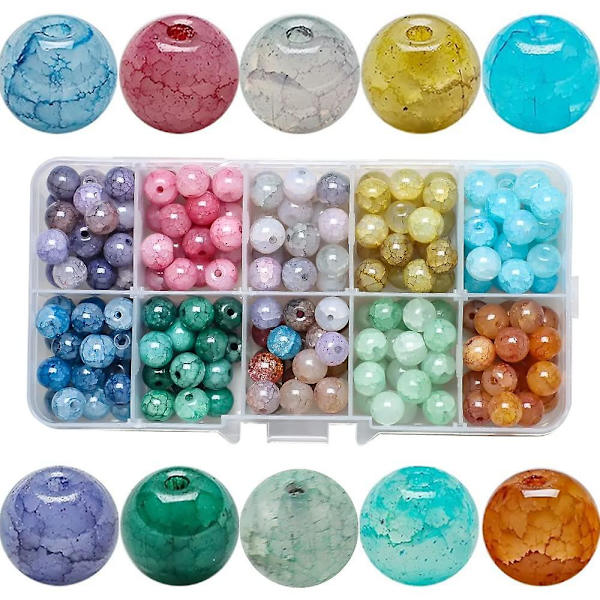 Hantverkssprickade glaspärlor, 200 ädelstenspärlor, 8 mm, runda färgglada armband i 10 färger