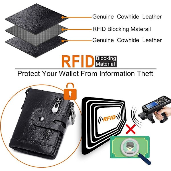 Herrar Plånbok RFID-Blockering Äkta Läder Plånbok Med Dragkedja Myntficka Tvåfaldig Plånbok Med Kedja 16 Kortplatser Äkta Läder Herrar Plånbok