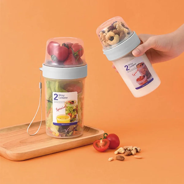 2x Frukost Resmugg Yoghurt Bärbara Muggar Kapacitet Förseglad Dubbelskiktad med Spannmål Havregryn eller Fruktbehållare Matkopp Salladskopp (150+330ml)