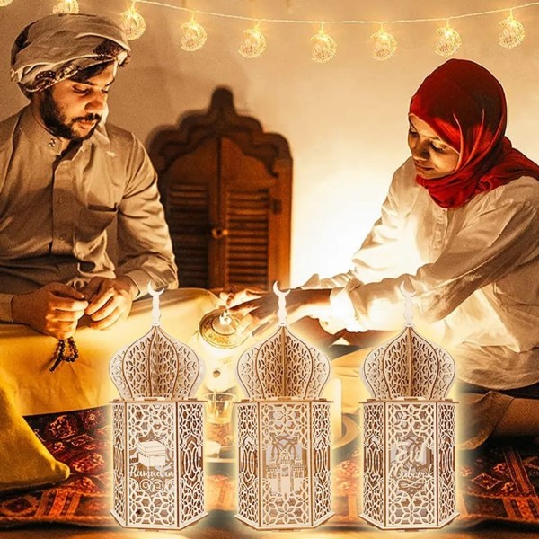 3st Eid Mubarak muslimska LED-lampor Set Ramadan Lamp Dekor Trälykta 35*15cm Muslimsk Islam Party DIY LED Lyktalampa