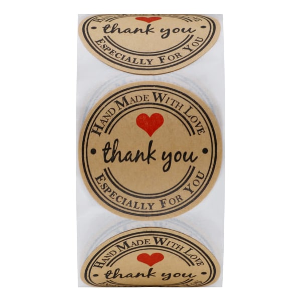 1 tums runda Kraft Tack handgjorda med kärlek klistermärken 500 handgjorda etiketter per rulle